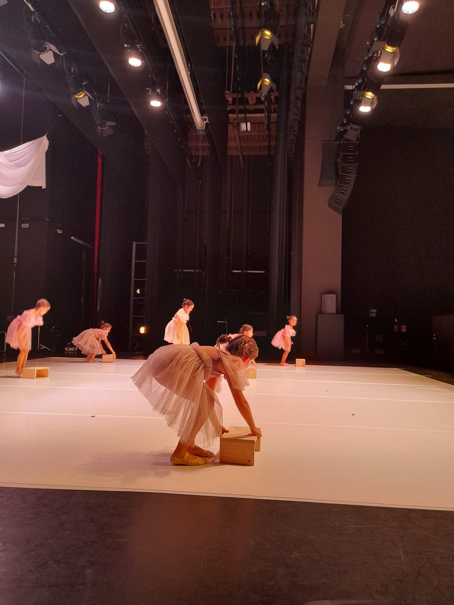 Bailarina em palco com tutu em tule rosa